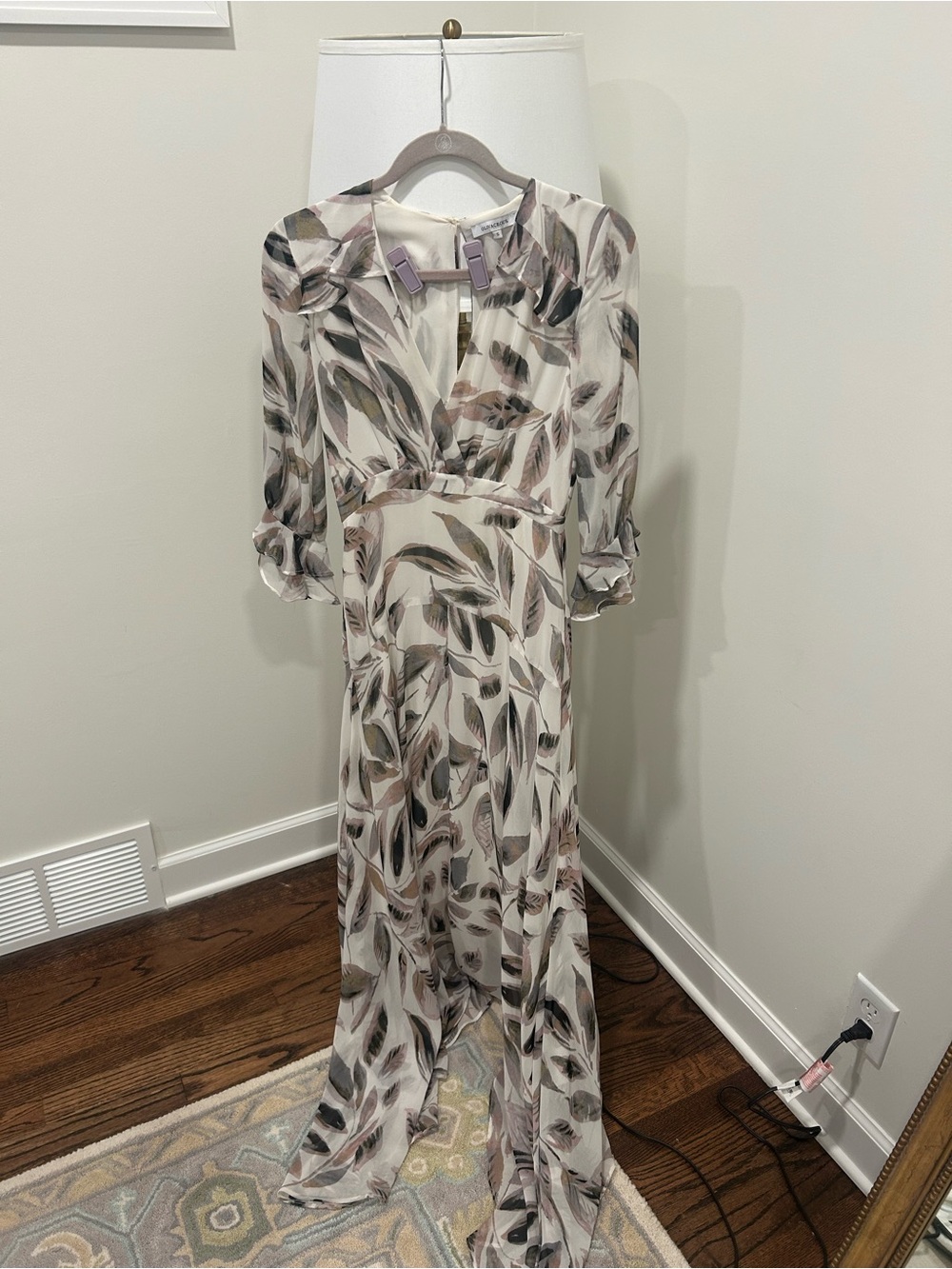 Olivaceous Cream Maxi Dress with Leaf Print in Taupe and Gray